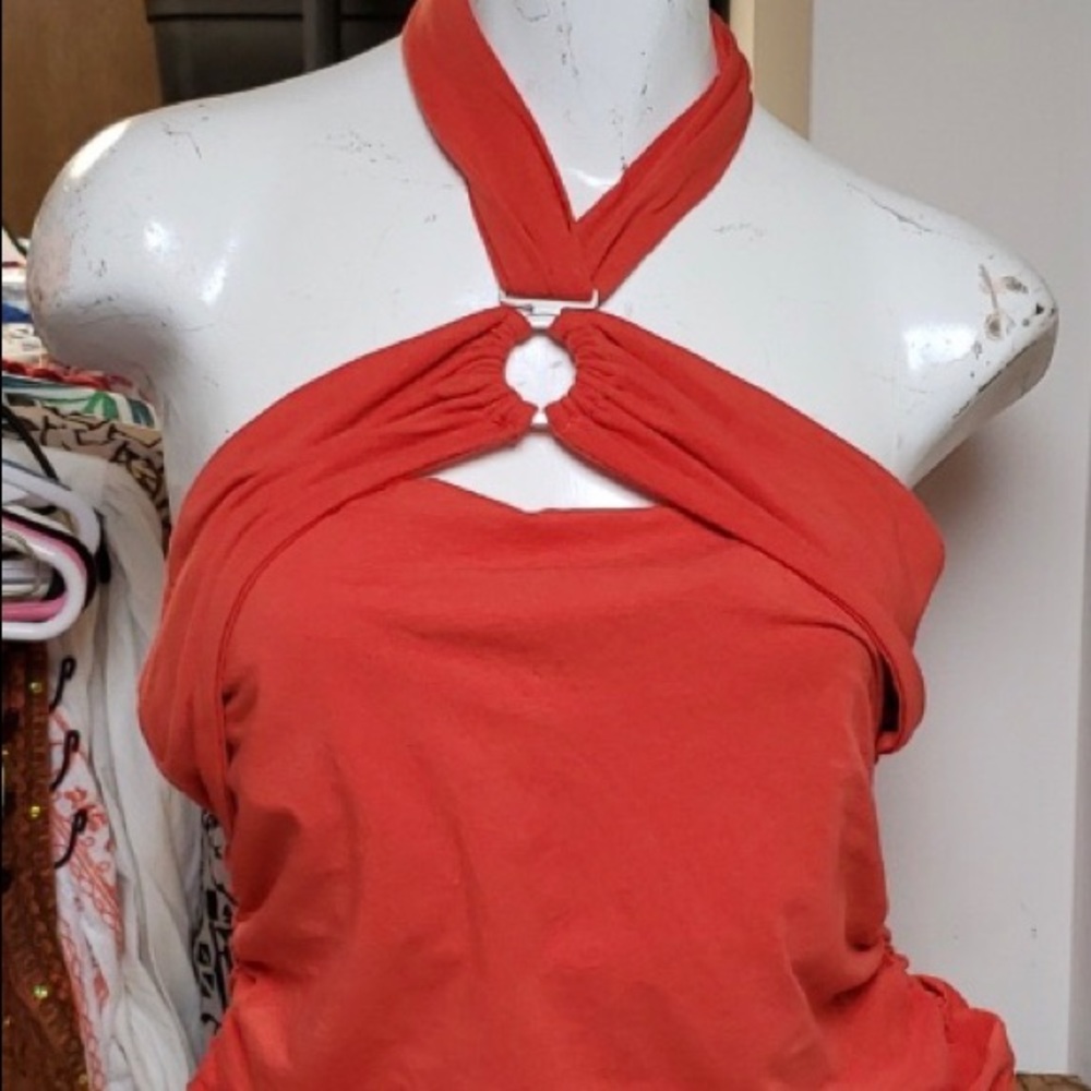Moda International Orangish Red Tube Top W/ Strap Around Neck Ruched Sides Med